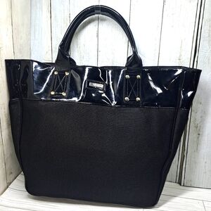 Versace Parfums XL Black Patent Lthr Textured Fabric Magnetic Snap 2Handle Tote